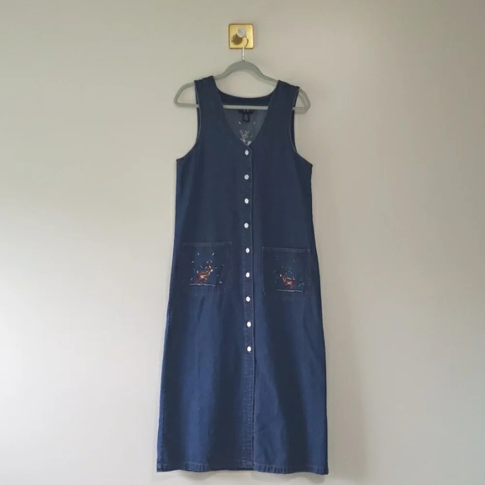 TY Original Wear VTG Denim Embroidered Sleeveless Jumper Dress Women 10 Reindeer